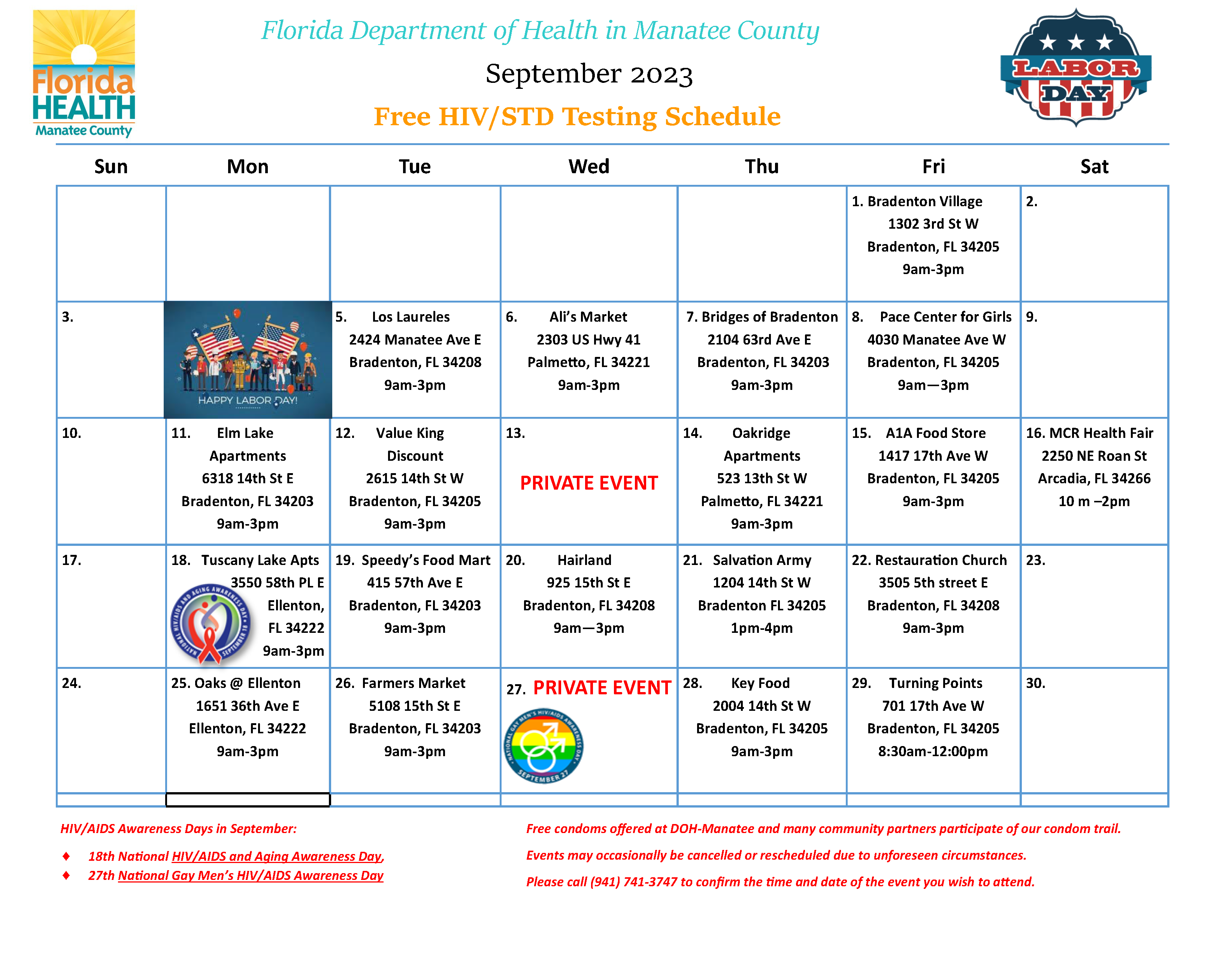 HIV/STD September Testing Schedule Calendar Florida Department of