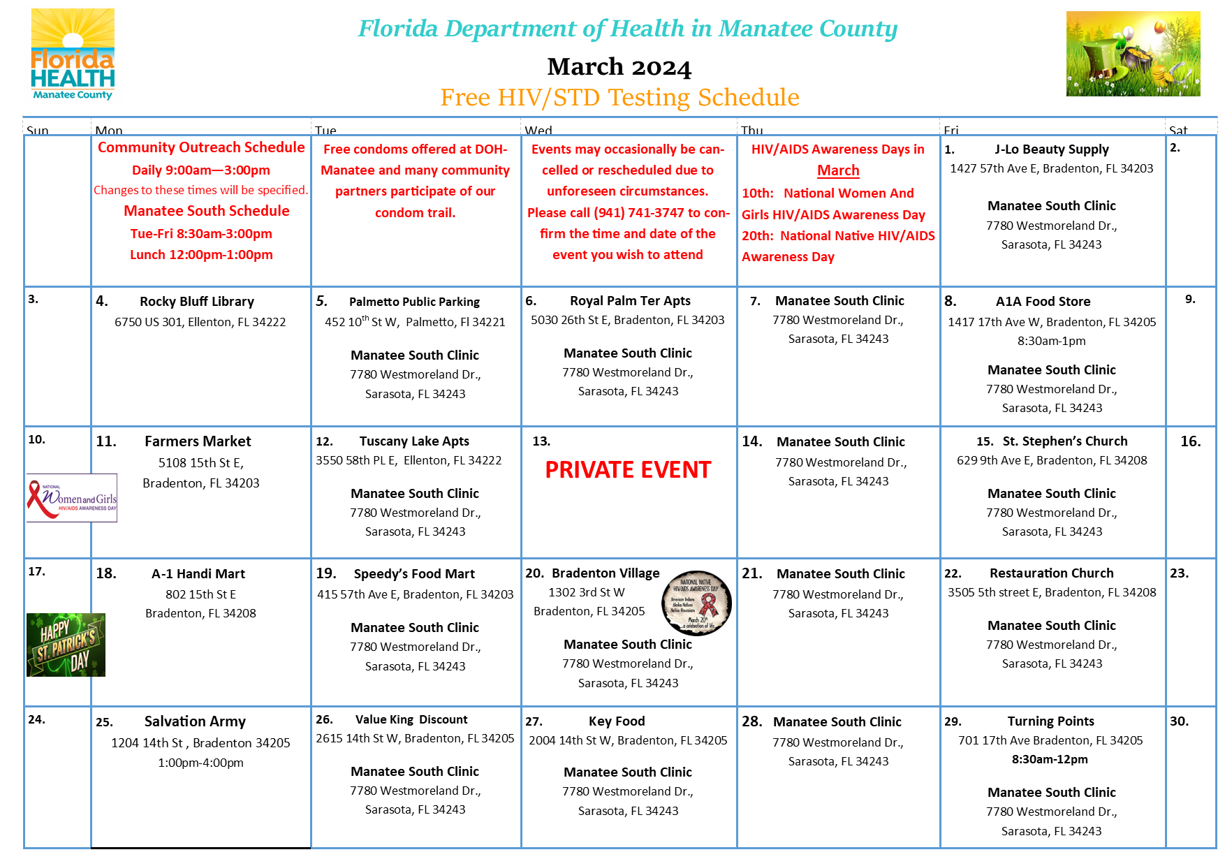 HIV/STD March Testing Schedule Calendar Florida Department of Health