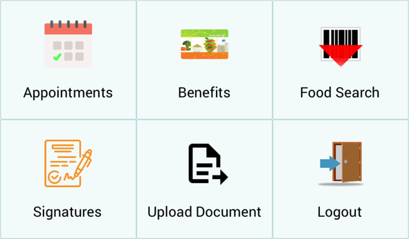 A grid of six icons: Appointments (calendar), Benefits (food items), Food Search (barcode with arrow), Signatures (document with pen), Upload Document (document with arrow), and Logout (open door with arrow).